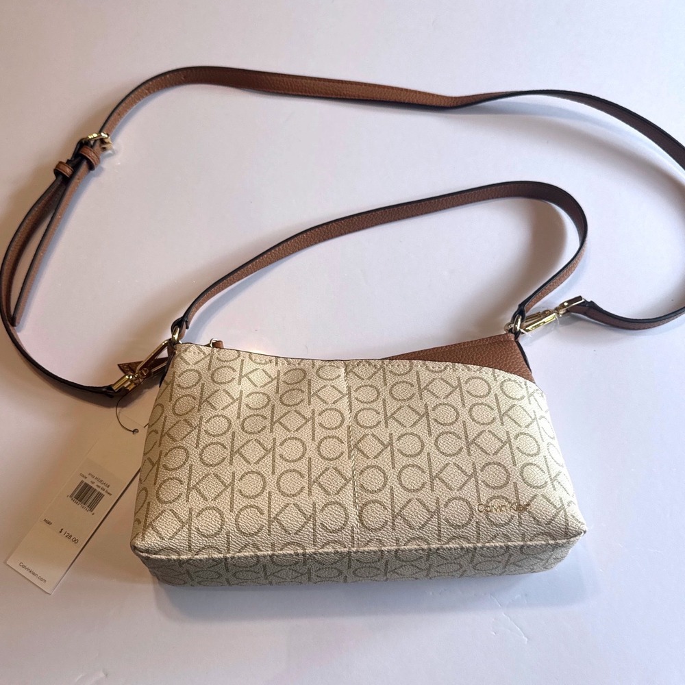 Calvin Klein Crossbody Bag Womens Small Cream Brown New Monogram H5JEA514